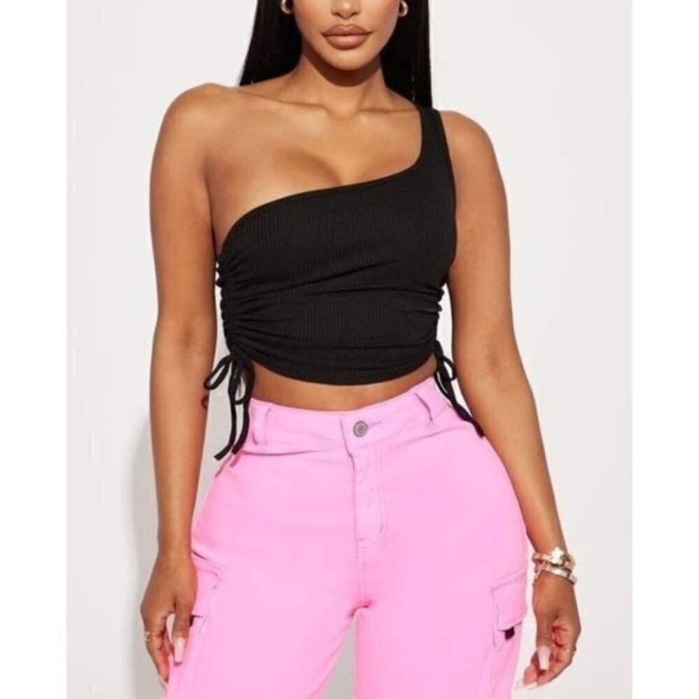 One Shoulder Cropped Tank Ruched Sides Black Size L RefFNB